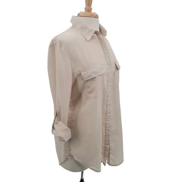 Vintage Solemio Womens Button Up Roll Tab Sleeve Blouse Top Sz L Cream Career - Picture 2 of 16